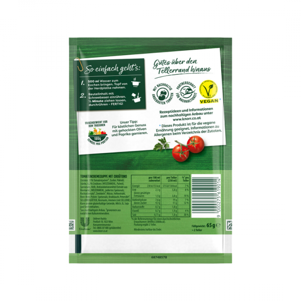 Knorr Die Schnelle Feine Tomatencreme-Suppe mit Croutons, 2 Teller